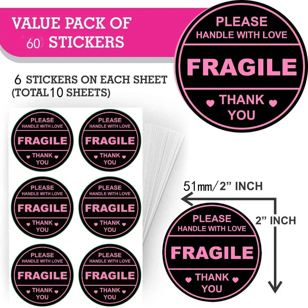 60 PCS Pink Round Do Not Crush Bend or Fold Handle with Love Labels Stickers 2 inch Fragile Stickers for Shipping and Moving