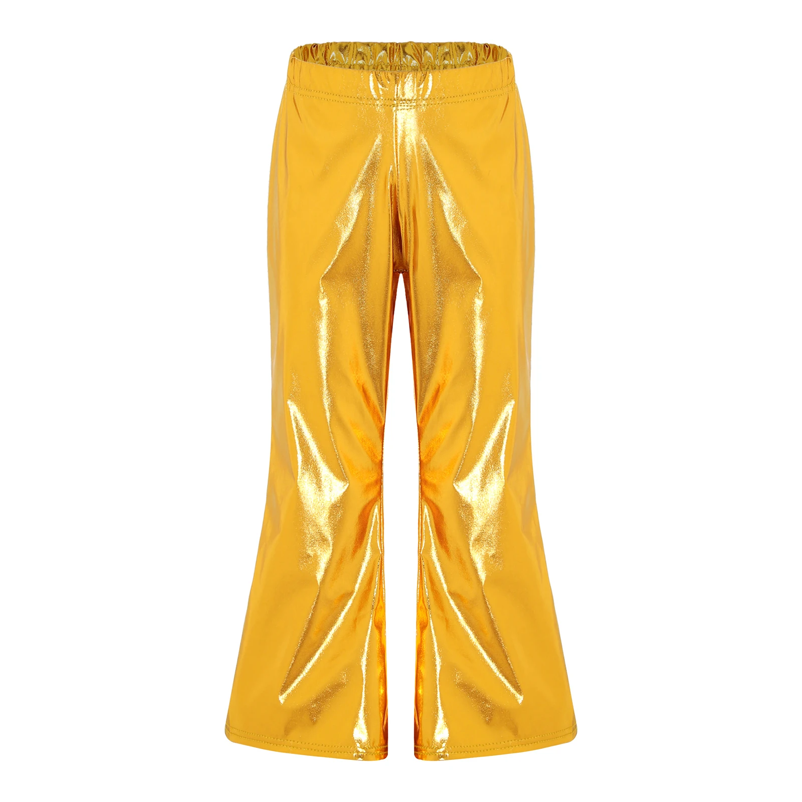 Mid Waist Flared Pants Elastic Waistband Metallic Shiny Bell-Bottomed Pants Trousers for Kids Boys Girls Dance Stage Performance