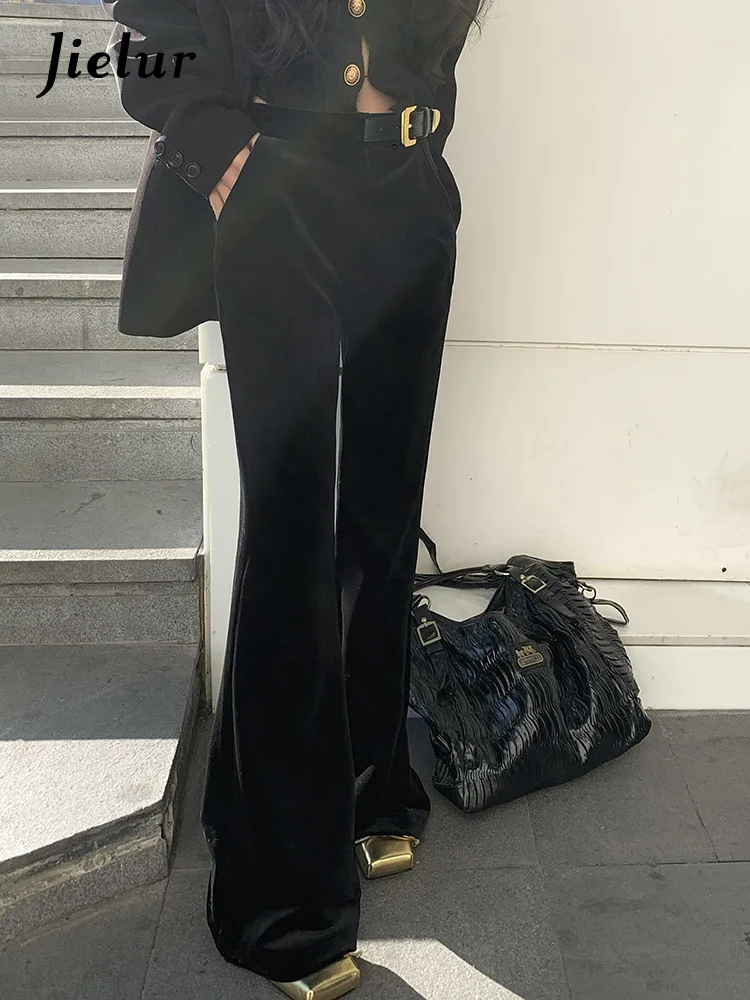 Jielur New Gold Leather Loop Buckle Velvet Black Flare Pants Spring Korean Fashion Versatile Women Casual Simple Women's Pants