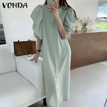 

Summer Dress VONDA 2022 Women Loose Puff Sleeve Round Neck Solid Dresses Ladies O Neck Baggy Shirts Retro Vestidos Oversized