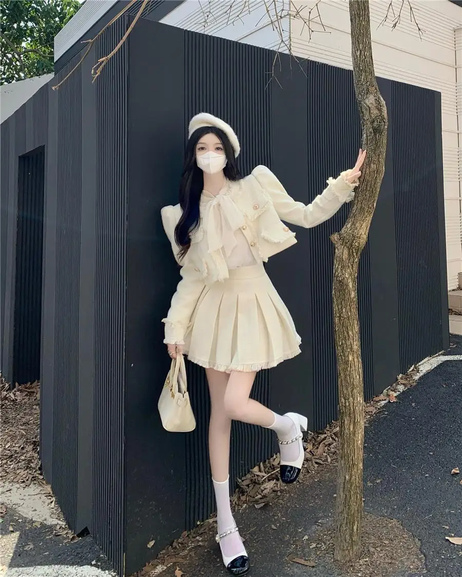Autumn New French Vintage Tweed Two-Piece Skirt Set Women Short Jacket Coat + Pleated Mini Skirt Suits Korean Luxury Outfits