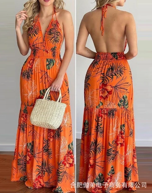 

Womens Dresses 2024 Summer Tropical Print Halter Backless Sleeveless Casual High Waist Lace-Up Straight Vacation Long Dress