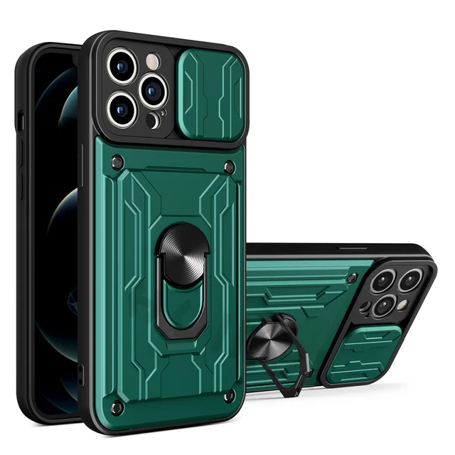 For iPhone 13 12 11 Pro Max Case Slide Stand Kickstand Ring Camera Military Grade Card Slot SE 2020 XR XS Max X XS 8 Plus Cover Green