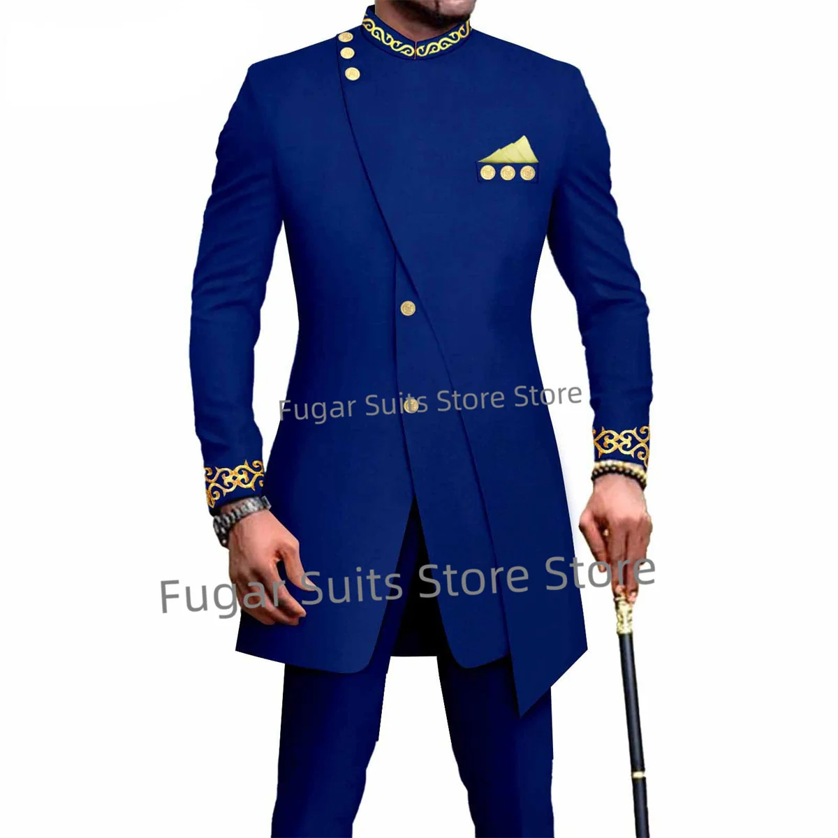 Luxuly Royal Blue Wedding Men Suits Slim Fit Stand Lapel Long Geoom Tuxedos 2 Pieces Sets Business Male Blazer Costume Homme