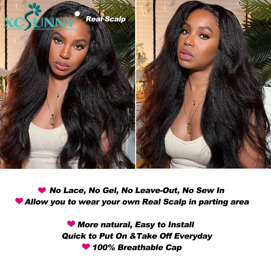 Kinky Straight V Part Natural Color Remy Human Hair Wigs No Leave Out Machine Made Upgrade Glueless Hair Wigs 5