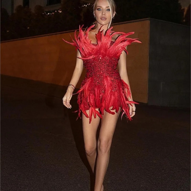

Light luxury shimmering ultra heavy feathered sequin draped hip runway dress