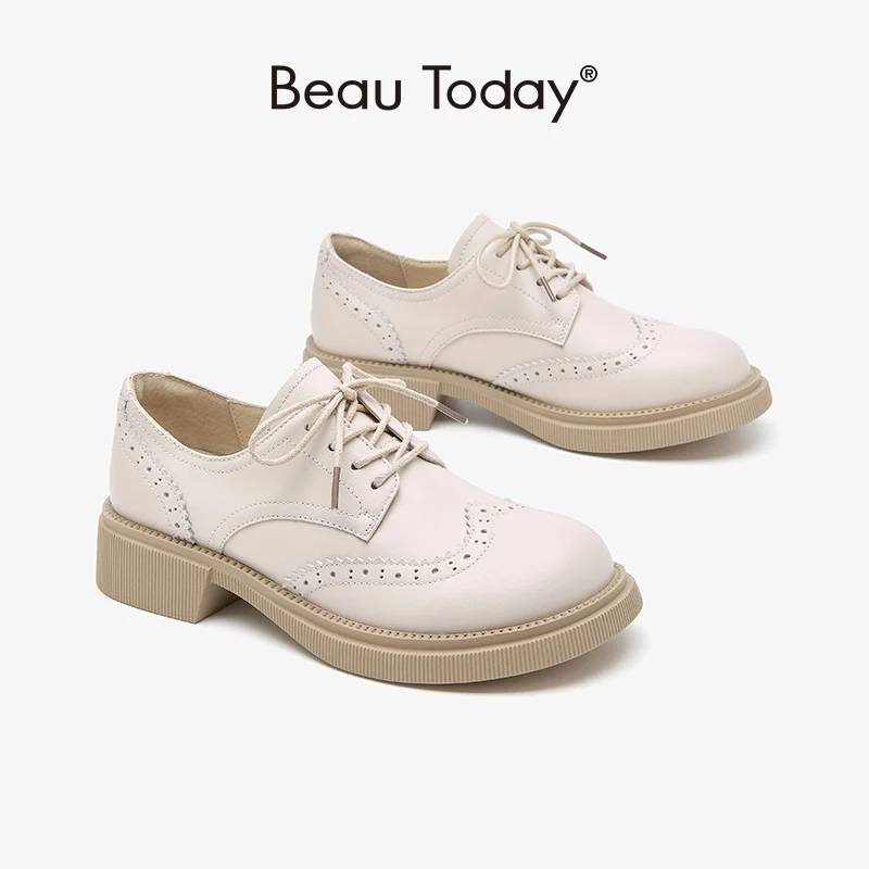 

BeauToday Brogue Derby Women Genuine Cow Leather Round Toe Cross Tied Sewing Design Retro Female Flat Shoes Handmade 21655