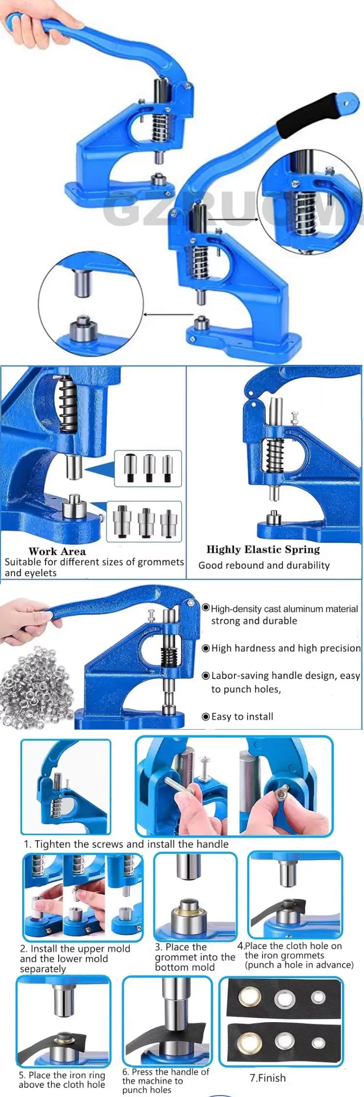 Hand Press Machine Metal Dies Mold Eyelet Double Cap Rivets Snap Buttons Fasten