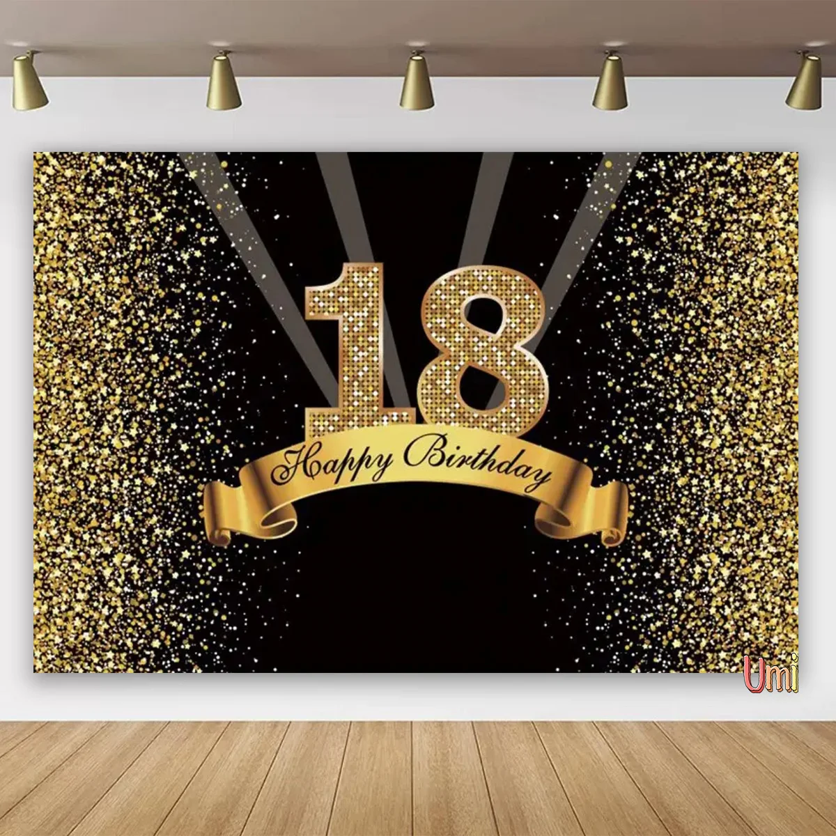 thumbnail image 1 of Fondo para fiesta de cumpleaños número 18 con globos con purpurina dorada y negra para niños y niñas de 18 años para fondos de fotografía, 1 of 5