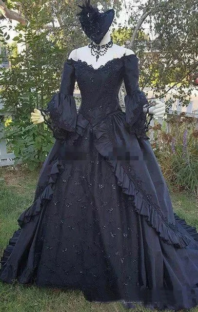 Vintage Black Medieval Wedding Princess Prom Dress Gothic Vampire Wedding  Dress with Lace Off Shoulder Bridal Dress - AliExpress