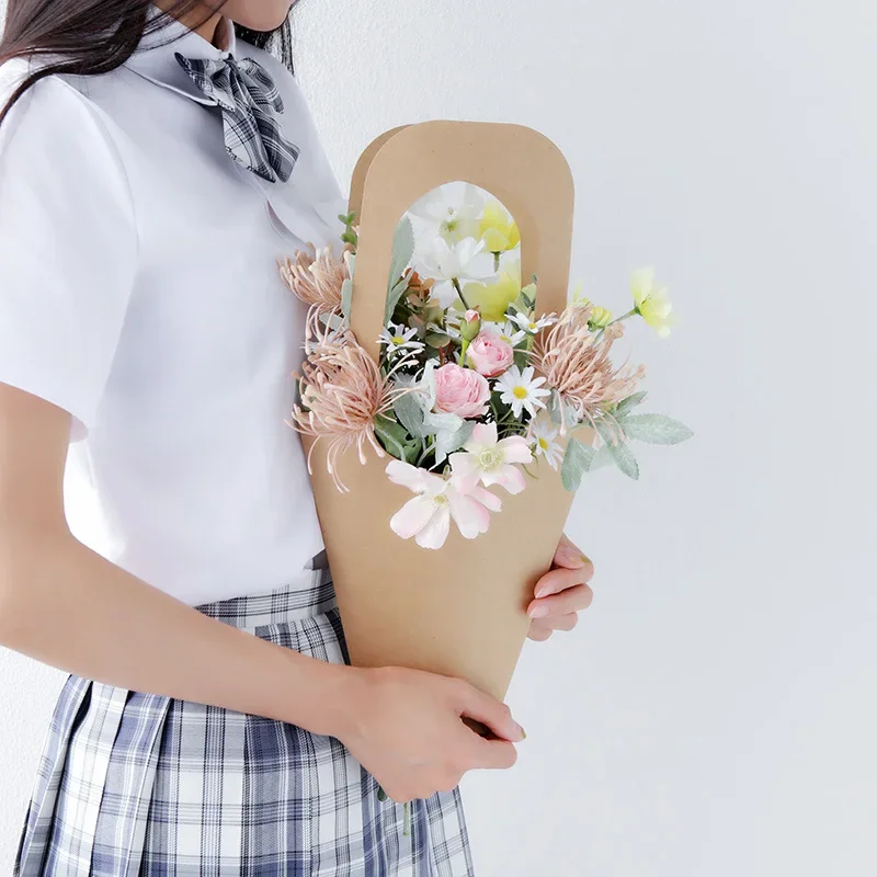 크래프트 종이 꽃 포장 가방, 문학 핸드백 꽃꽂이 가방, 선물 가방, 종이 가방, 수제 포장 가방, 1-40 개