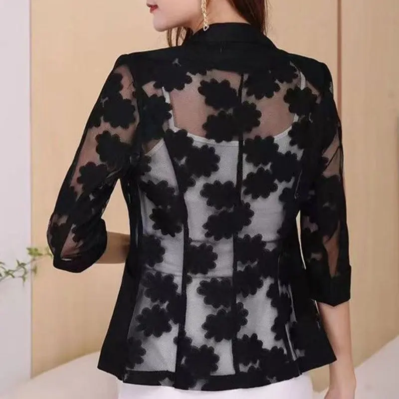 Summer Thin Floral Lace Sheer Tailored Collar Blazers Stylish Single Button Women's Slim Casual Pockets Spliced 3/4 Sleeve Suits