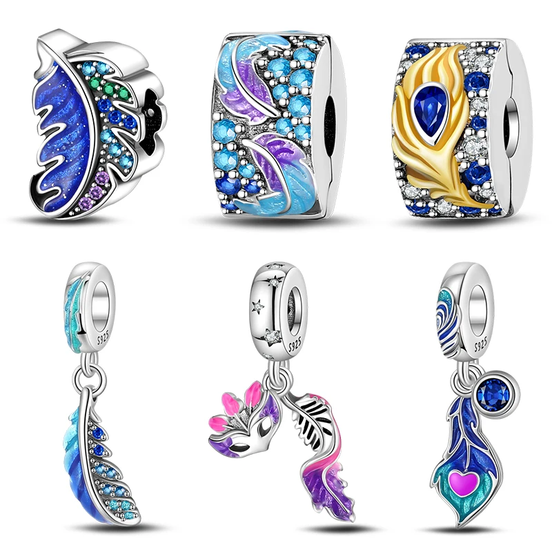 

Real 925 Sterling Silver Mask Dragonfly Charms Beads Colorful Feather Fit Pandora 925 Original Bracelets DIY Unearthly Jewelry