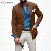 (one blazer) Sky Blue Linen Blazers Men Slim Fit Summer Beach Casual Formal Jacket for Men Tailor-made Fashion Thin Wedding Coat 2