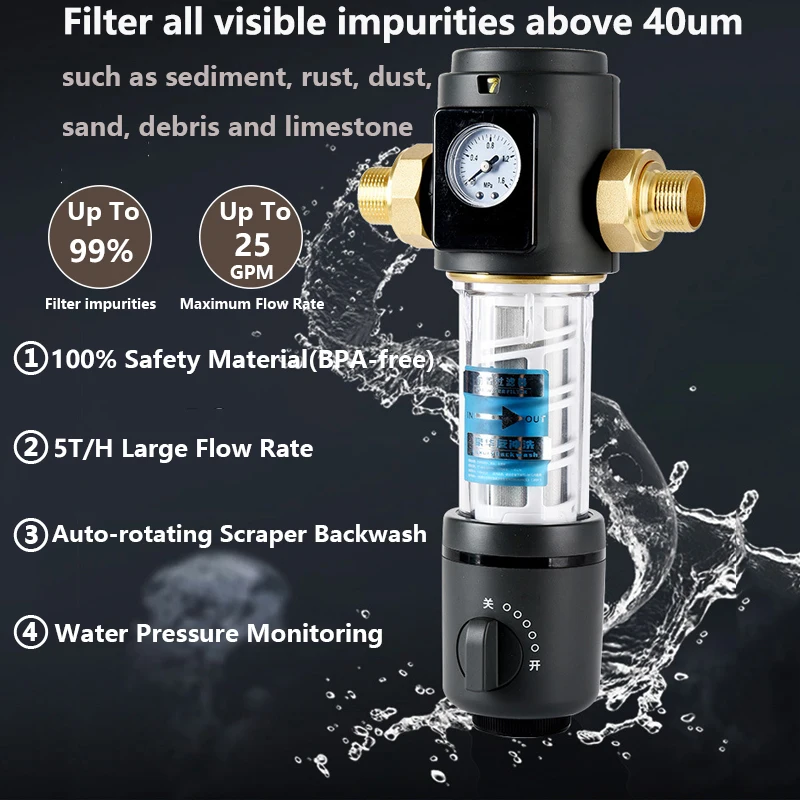 5T/H Whole House Pre-filter Central Water Purifier Timing Sewage Spin Down Sediment Backwash Stainless Steel Mesh Water Filter