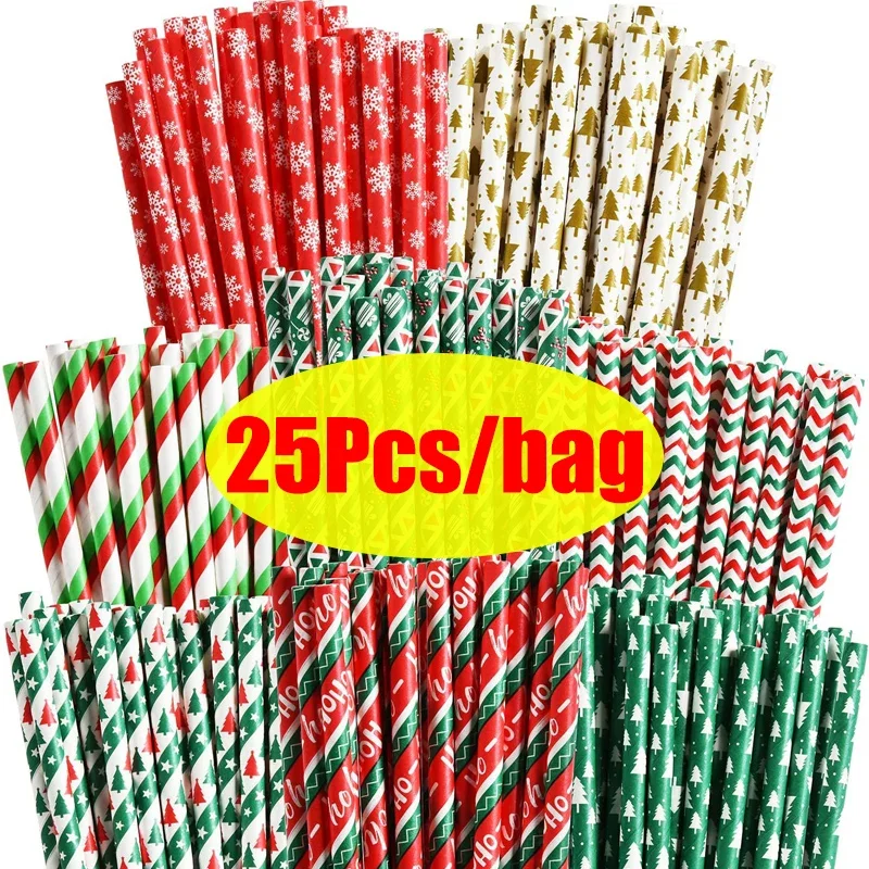 

25PCS Christmas Kraft Paper Straw Disposable Colorful Print Straws Halloween New Year Party Decoration Home Table Decor Supplies