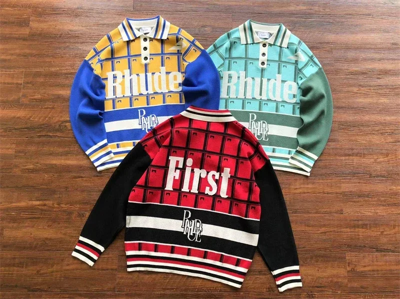 

New Rhude Jacquard Plaid Sweater Men Women Loose Knitted Sweatshirts Inside Tags hoodies