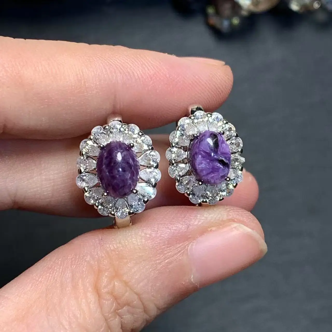 Vintage Natural Charoite Hoop Earrings Simple Classic Round Circle Gemstone Jewelry Handmade