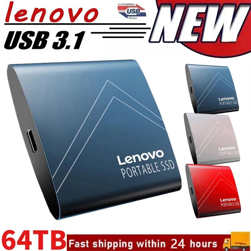 레노버 휴대용 SSD USB 3.1 외장 하드 드라이브, 데스크탑 노트북 Ps4 Ps5 용 C타입 SSD, 64TB, 16TB, 8TB, 4TB