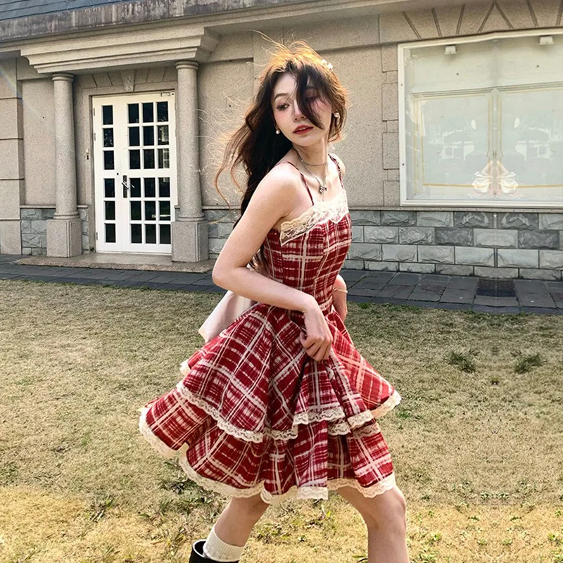 

Red Plaid Puff Sleeve Dress Summer French Retro Women Short Sleeve Cottagecore Dress 2023 New Fashion Streetwear Elegant Clothes