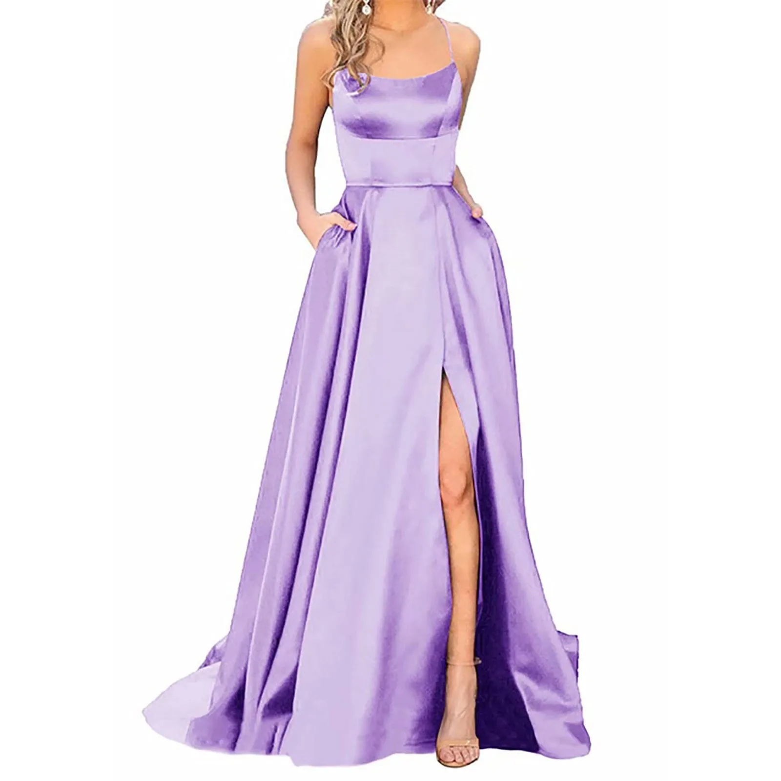 thumbnail image 1 of Vestido de fiesta de noche largo sin espalda sexy morado con abertura lateral vestido maxi para mujer línea A tirantes finos satén vestidos de fiesta formales vestido, 1 of 5