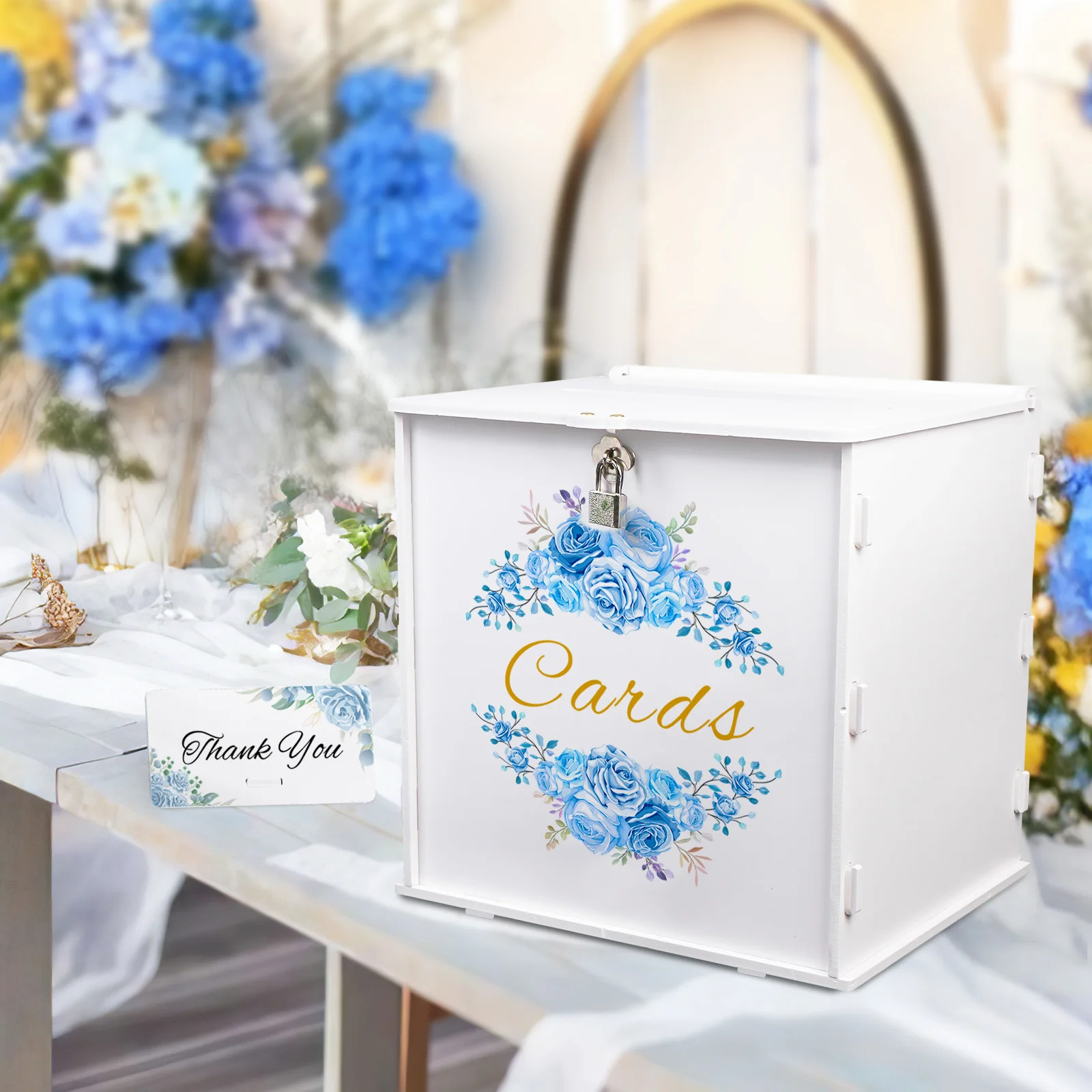 White Blue Double Flower Cluster Wedding Card Box with Lock, PVC Gift Card Box for Wedding Reception, Graduation Baby Shower