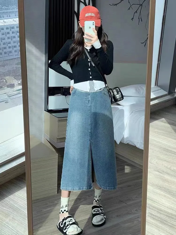 Splits Leg Stretch Denim Skirts for Maternity Spring Summer Elastic Waist Pencil Bottoms for Pregnant Women y2k Youth Pregnancy