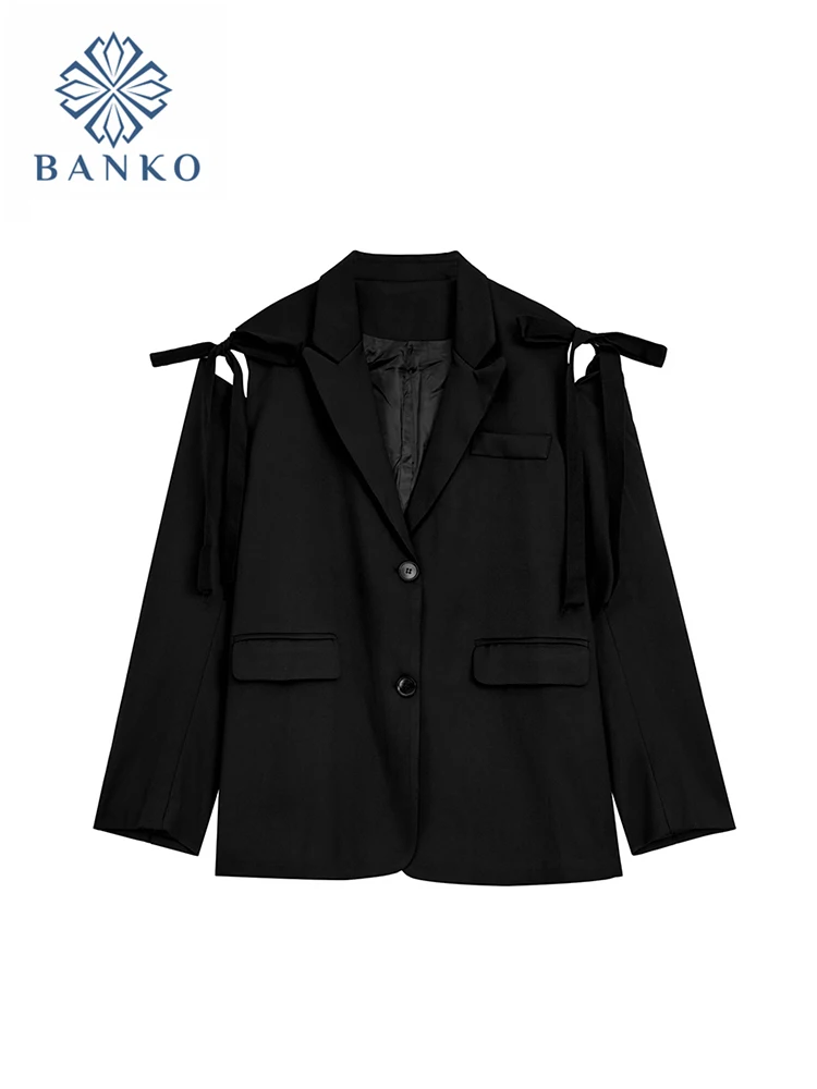 

2023 Autumn Winter Business Blazer V-Neck Bow Long Sleeve Elegant Outerwear Office Lady Single Breasted Temperament Y2K Gothic