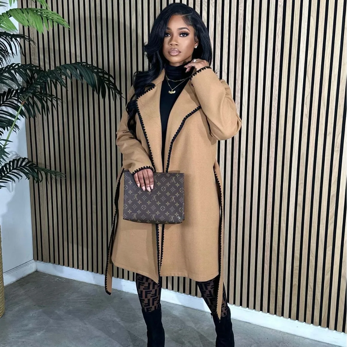 Spring Women Elegant Woolen Long Sleeve Turn-Down Collar Coat Casual Bandage Loose Windbreaker Jacket Women Long Jacket Coat