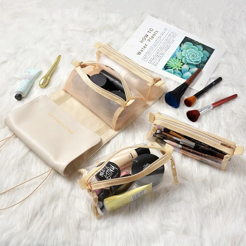 4PCS In 1 Cosmetic Bag for Women Zipper Mesh Separable Cosmetics Pouch Ladies Foldable Storage Bag Rope Makeup Bags Organizer