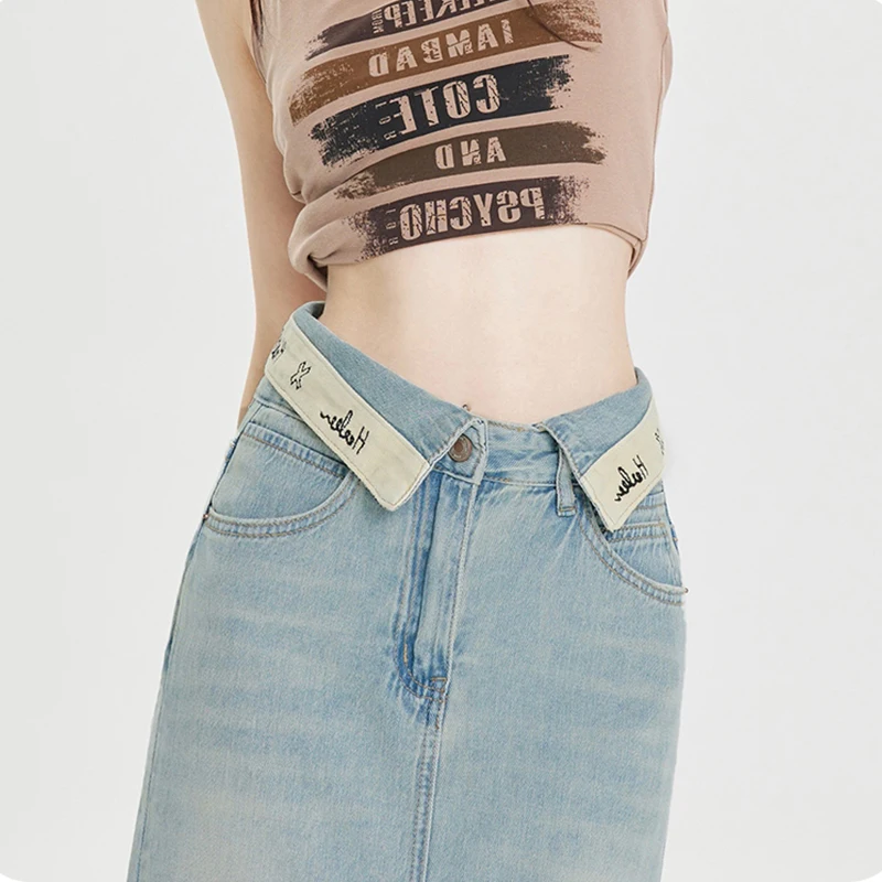 Real time photo of denim skirt for women in summer nostalgic blue commuting retro ruffled embroidery letters high waisted slim