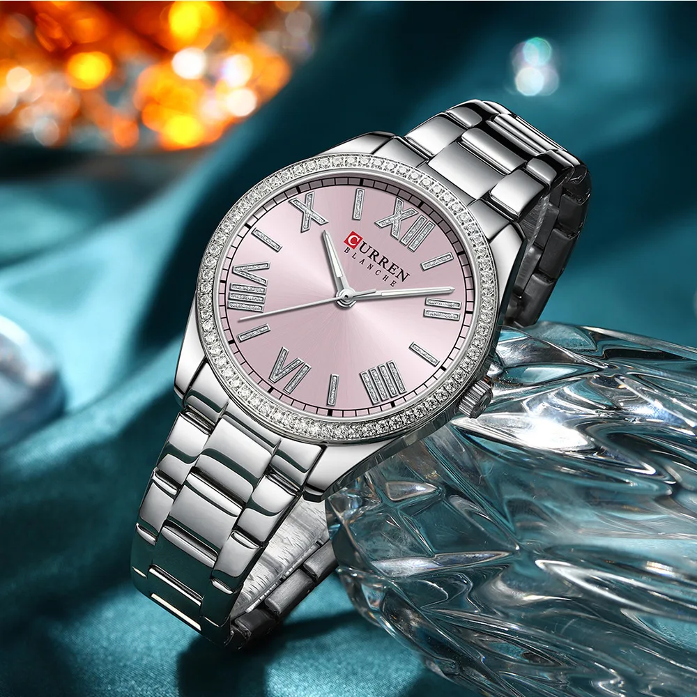 

CURREN Watch For Women Luxury Quartz Stainless Steel Watch Romantic Rose Powder Rhinestone Roman Numerals Dial 9088 Women Watch