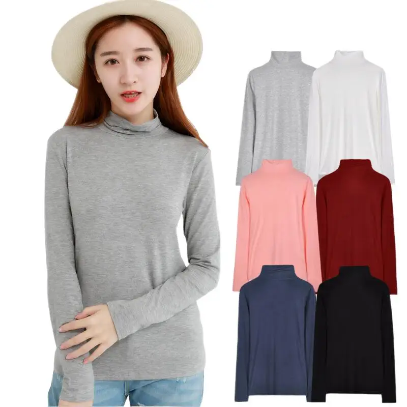 

Women 2024 Autumn Turtleneck Long Sleeve T-Shirt Simple Solid Color Knitted Top Brand Cotton Basic Shirts High Elasticity Tops
