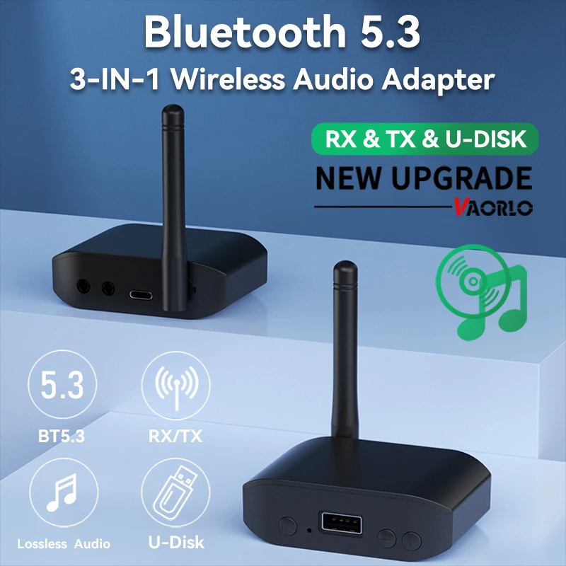 Bluetooth Adapter 3 IN 1 Bluetooth 5.3 Audio Transmitter Receiver USB U-Disk Play 3.5mm AUX Stereo Music Wireless Adapter For Car PC TV Speaker