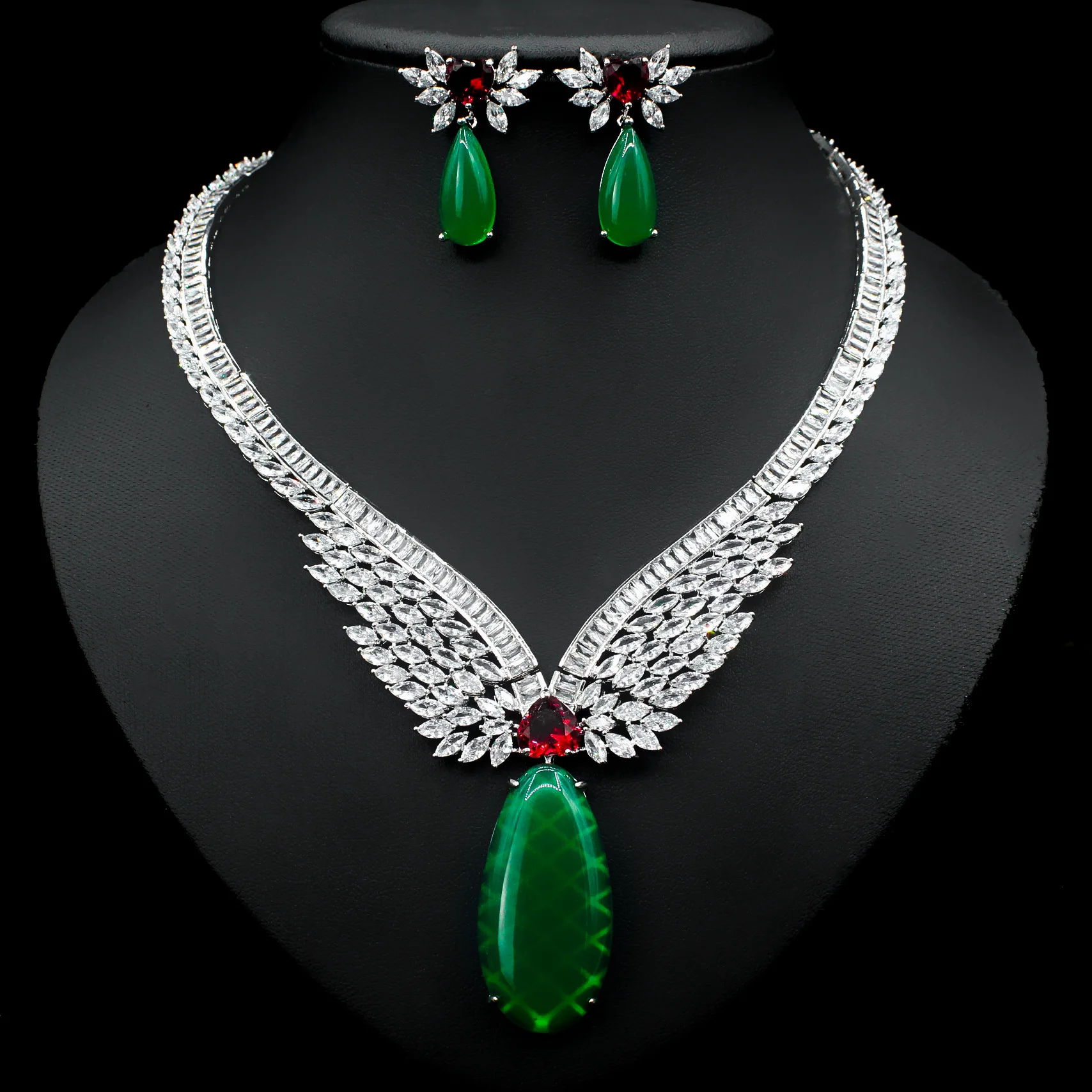 

Vintage Lab Emerald Diamond Jewelry set 14K White Gold Wedding Rings Earrings Necklace For Women Bridal Engagement Jewelry Gift