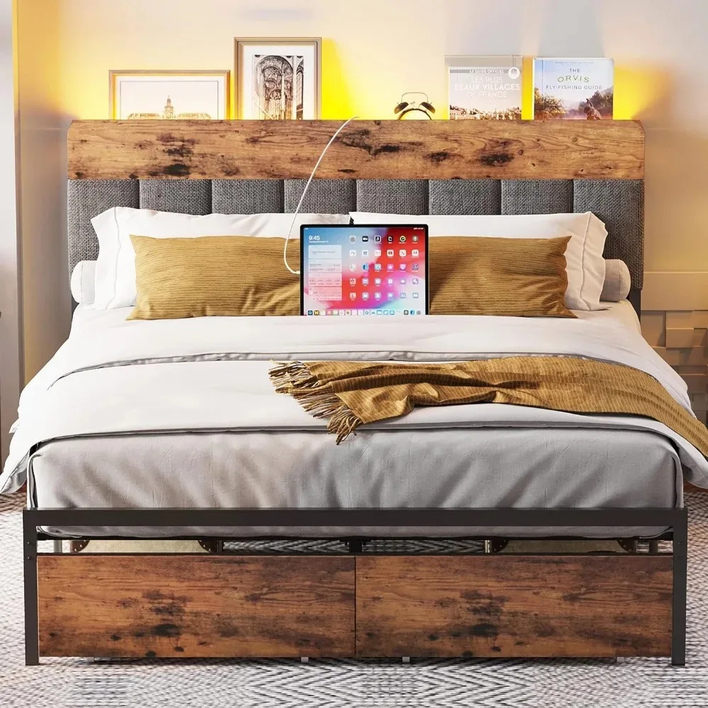 

LED Light Queen Bed Frame Noiseless No Need Box Spring Drawers Charging Station Bed Bases & Frames Bedroom Furniture Sturdy Home