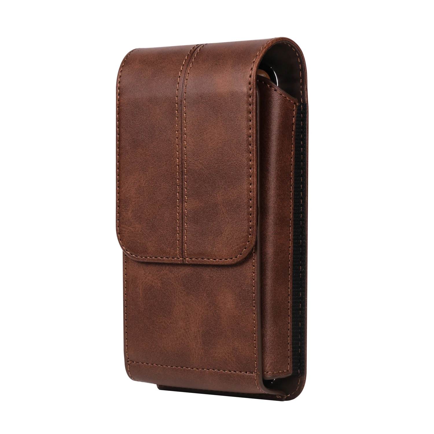 Men's Leather Vertical Waist Phone Pouch - Crazy Horse Design