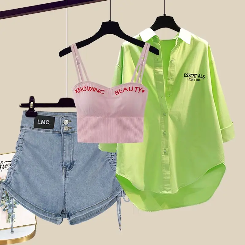 Spring/Summer Set Women's 2023 New Korean Fashion Tank Top Casual Shirt Age Reducing Shorts Elegant Women's Three Piece Set