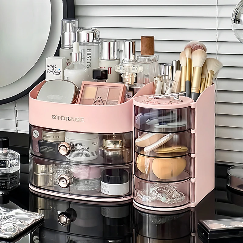 Rotating Makeup Organizer with Drawer Plastic Cosmetic Storage Box with Divider for Desktop Compact Travel Makeup Case for Women 3