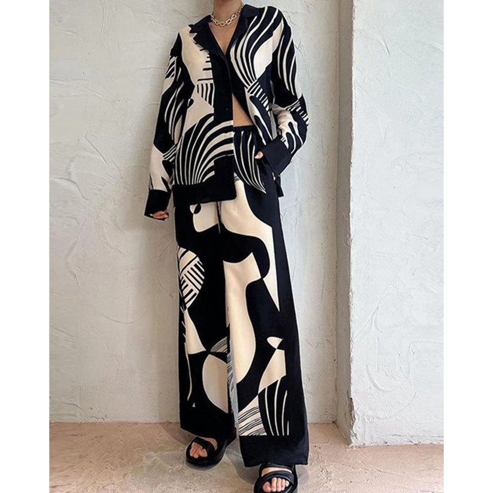 Women Fashion Causal Abstract Print Two Pieces Suit Set Loose 2Pcs Set Long Sleeve Shirt & Wide Leg Pants Sets Homewear/Outfits