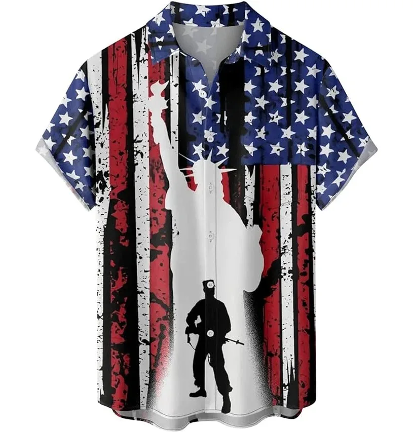 

Summer Hawaiian Men's Shirts Short Sleeve Button Tops Flag Striped Statue Of Liberty Print High Quality Vacation Pocket Clothing