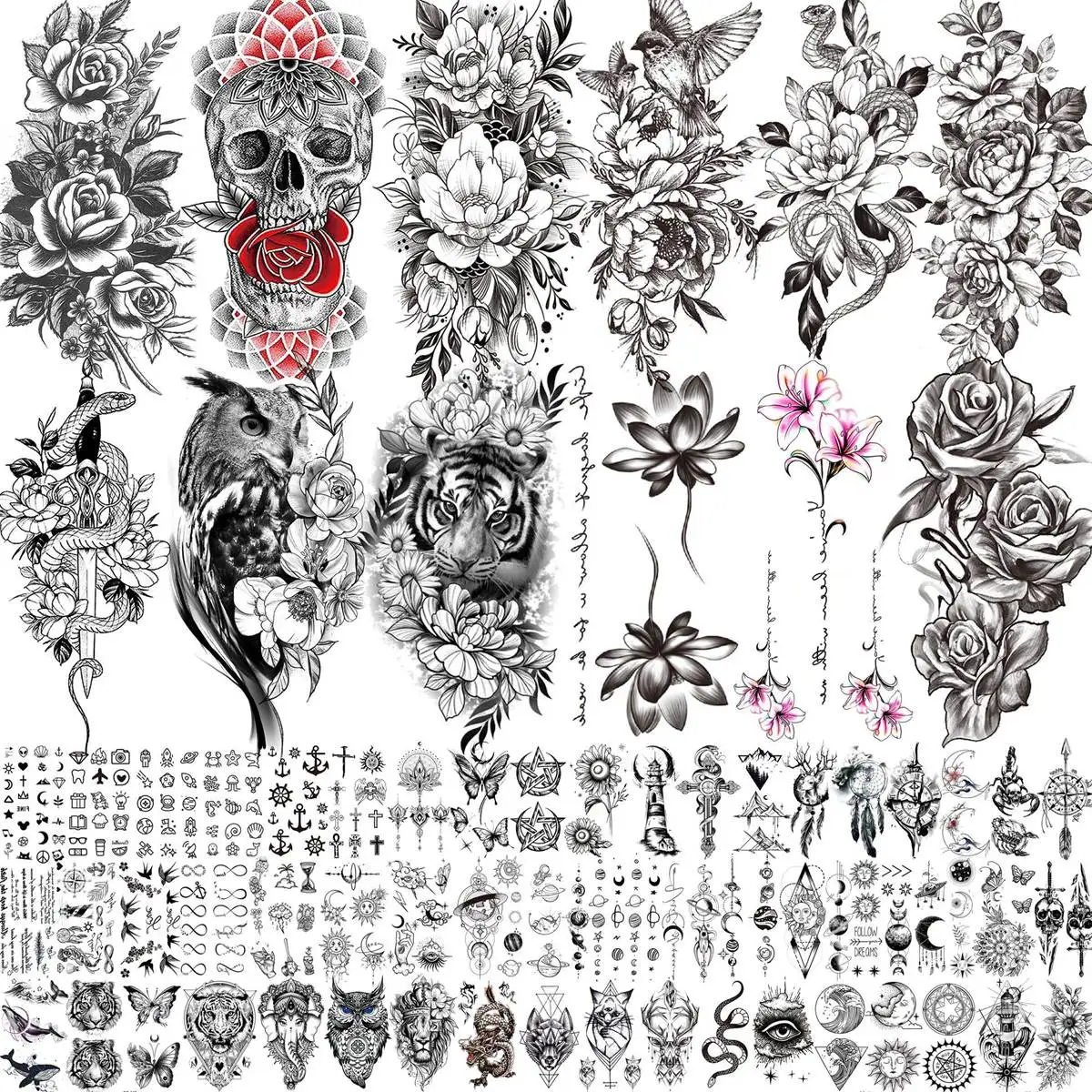 

66 Sheets Owl Tiger Flower Temporary Tattoos For Women Girls Arm Sleeve Tattoo Sticker Fake Skull Lotus Snake Peony Rose Tatoos
