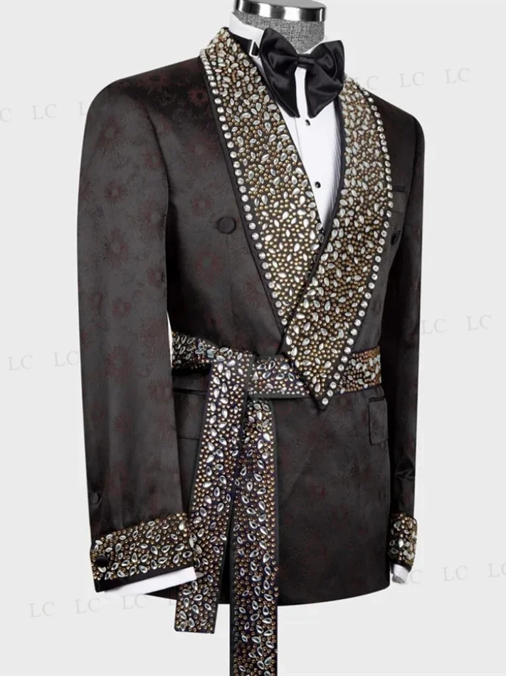 Floral Men Suits Luxury One Piece Blazer With Belt Sheer Lapel Diamonds Crystals Beadings Party Wedding Groom Plus Size Tailored