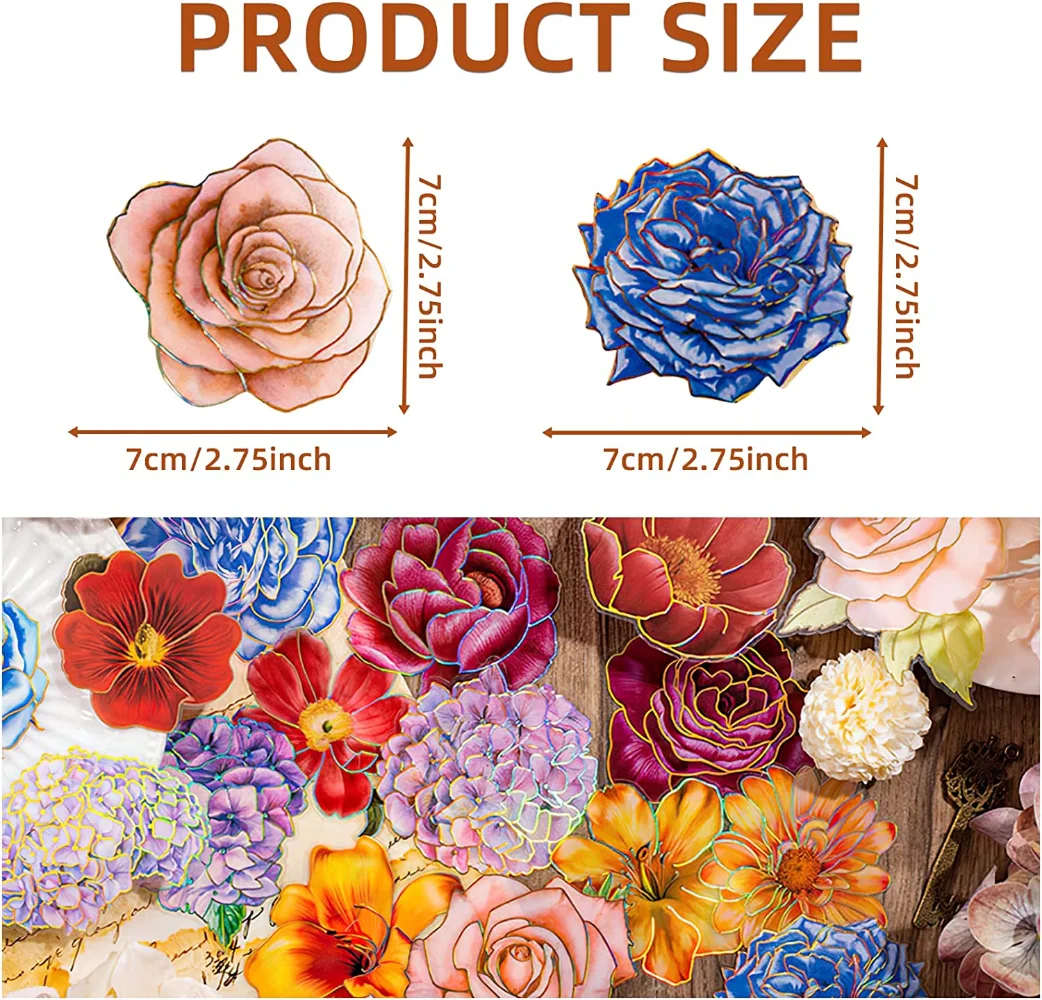 80 Pieces Large Size Waterproof Flower Stickers with Gold Holographic Outlines Glitter Shiny Floral Decorative Decals Planner