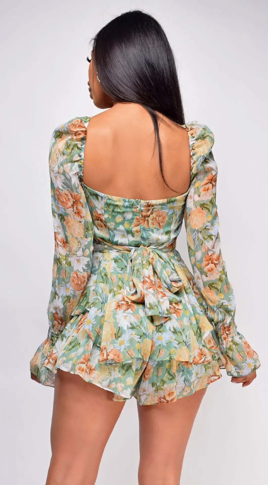 New Shredded Women's Jumpsuit Sexy Backless Fashion Pants Square Neck Long Sleeve Ruffle Shorts High Waist Printed Jumpsuit