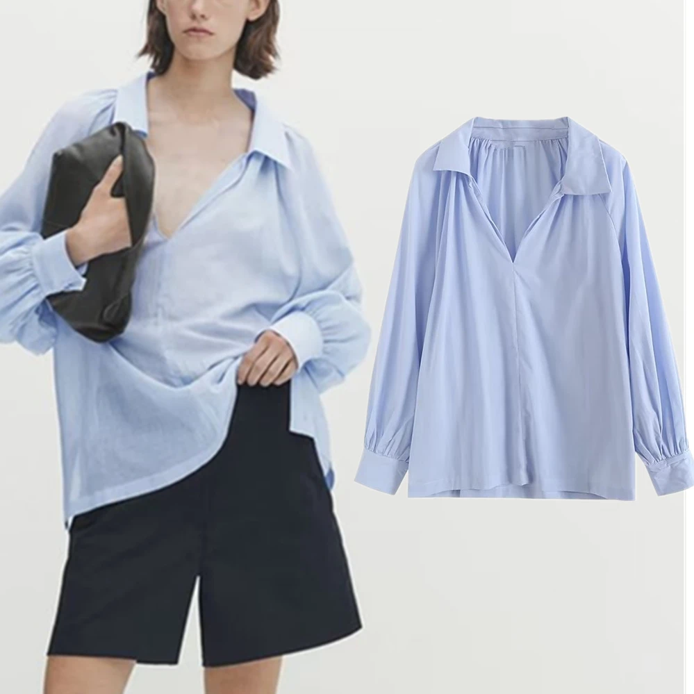 

Jenny&Dave Sky Blue Loose Pleated Fashion Loose Shirt Female British Office Lady Elegant Cotton Casual Blouse Women Top