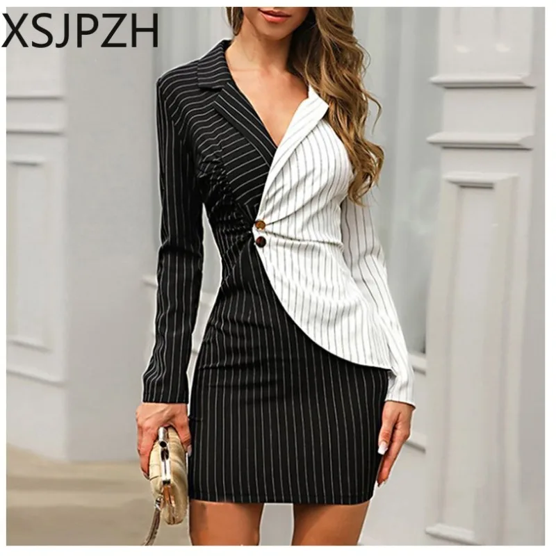 Office Ladies Slimmnig Sexy V-Neck Formal Dress Women Turn Down Neck Long Sleeve Buttons Striped Patchwork Bodycon Blazer Dress