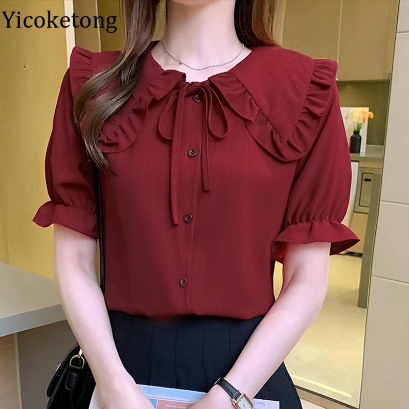 

Korean Work Office Blouses Ladies White Blouse Doll Collar Puff Short Sleeve Slim Blusas Summer 2022 New Women Shirt Bow Tops