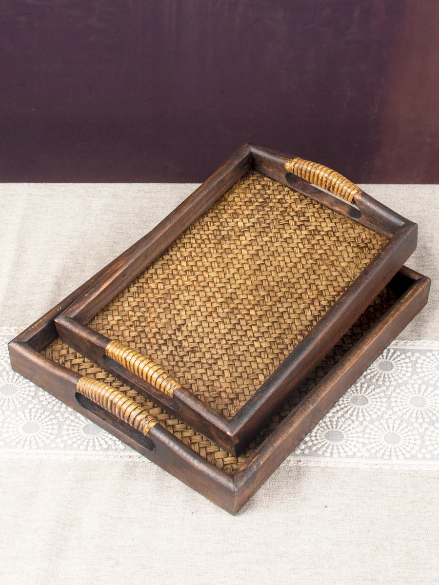 

Rattan tray rectangular household tea cup vintage wooden tea tray fruit tray Japanese bamboo tea tray