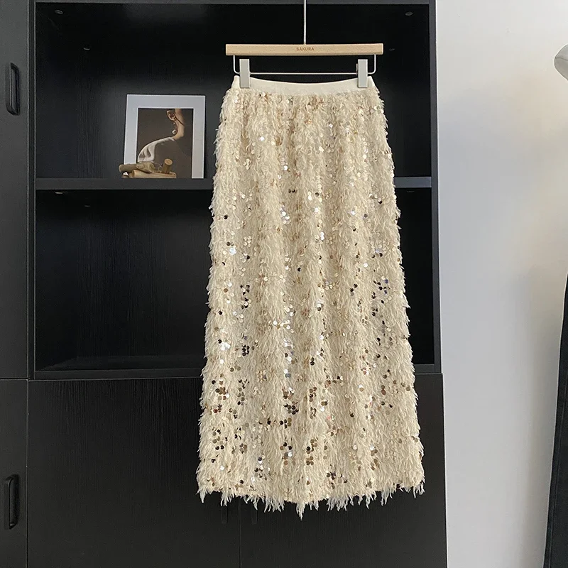 

Autumn Long Skirts Women High Waist Sequins Bling Side Split A-line Skirt Solid Tassel Korean Style Midi Skirt Chic Dropshipping